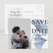 Sparen de Datum Botanische Dusty Blauwe Foto Wedde Aankondigingskaart (Voorkant / Achterkant)