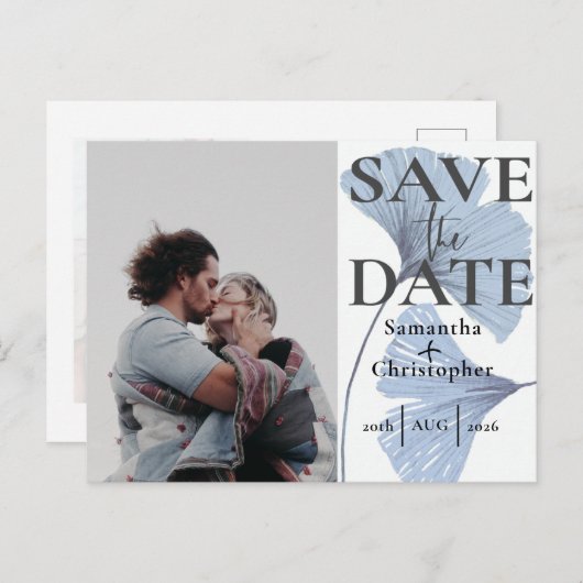 Sparen de Datum Botanische Dusty Blauwe Foto Wedde Aankondigingskaart (Voorkant / Achterkant)