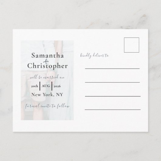 Sparen de Datum Botanische Dusty Blauwe Foto Wedde Aankondigingskaart (Achterkant)