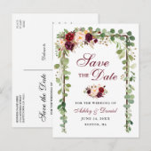 Sparen de Datum Botanische Groene Bogundy Floral W Aankondigingskaart (Voorkant / Achterkant)