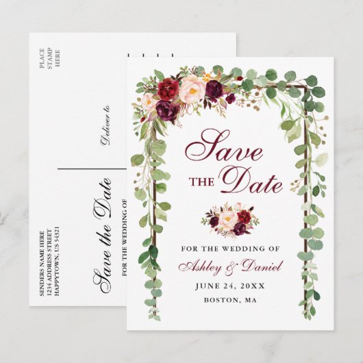 Sparen de Datum Botanische Groene Bogundy Floral W Aankondigingskaart (Voorkant / Achterkant)
