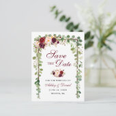 Sparen de Datum Botanische Groene Bogundy Floral W Aankondigingskaart (Staand voorkant)