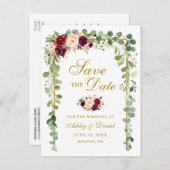 Sparen de Datum Botanische Groene Bourgogne Floral Aankondigingskaart (Voorkant / Achterkant)