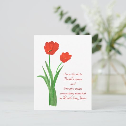 Sparen de datum briefkaarten, Rode Tulpen Aankondigingskaart (Staand voorkant)