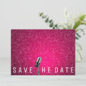Sparen de Datum Bright Roze Glitter Microfone Save The Date (Staand voorkant)