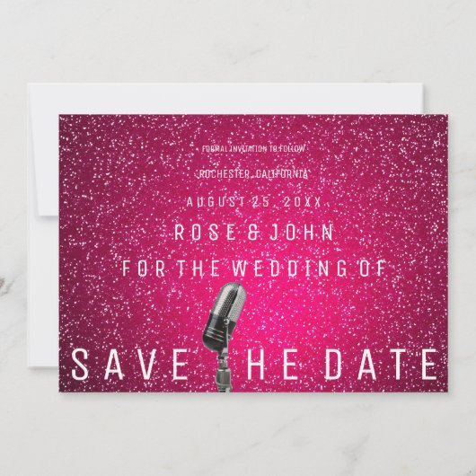 Sparen de Datum Bright Roze Glitter Microfone Save The Date (Achterkant)