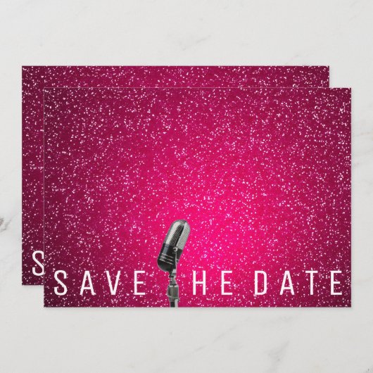 Sparen de Datum Bright Roze Glitter Microfone Save The Date (Voorkant / Achterkant)
