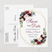 Sparen de Datum Burgundy Blue Floral Gold Lijst Aankondigingskaart (Voorkant / Achterkant)