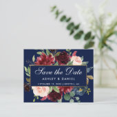 Sparen de Datum Burgundy Floral Blue Gold Lijst Aankondigingskaart (Staand voorkant)