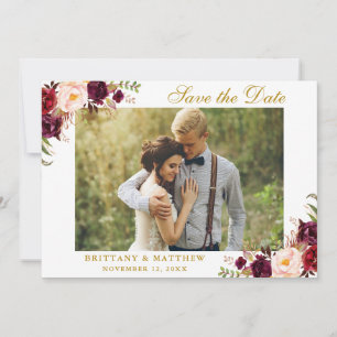 Sparen de Datum Burgundy Floral Foto Gold Card Bedankkaart