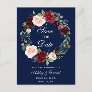 Sparen de Datum Burgundy Floral Wreath Blue Aankondigingskaart
