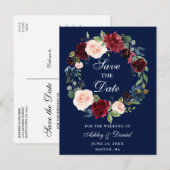Sparen de Datum Burgundy Floral Wreath Blue Aankondigingskaart (Voorkant / Achterkant)