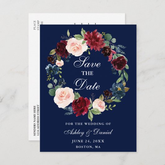 Sparen de Datum Burgundy Floral Wreath Blue Aankondigingskaart (Voorkant / Achterkant)