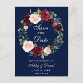 Sparen de Datum Burgundy Floral Wreath Blue Aankondigingskaart (Voorkant)
