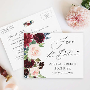 Sparen de Datum Burgundy Maroon Blush Navy Floral Briefkaart