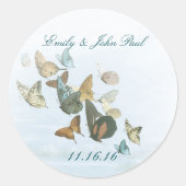 Sparen de Datum Butterflies Blauwgroen Geel Koraal Ronde Sticker (Voorkant)