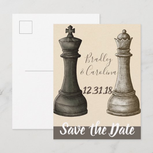 Sparen de Datum Chess King Queen Aankondigingskaart (Voorkant / Achterkant)