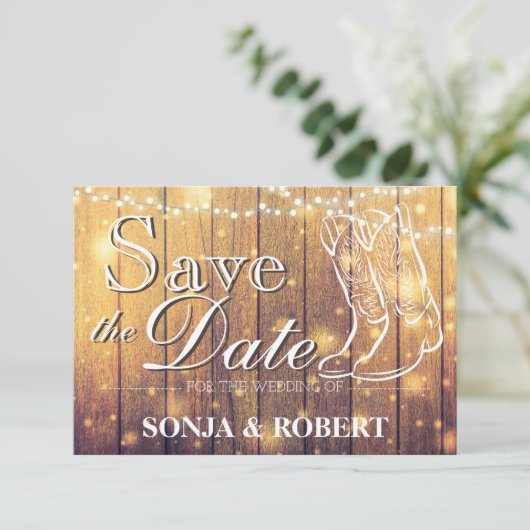 Sparen de Datum - Cowboy laarzen, Hout met Lichten Save The Date (Staand voorkant)