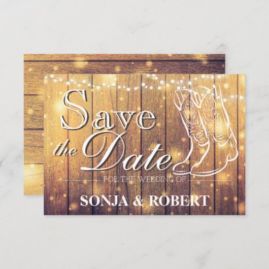 Sparen de Datum - Cowboy laarzen, Hout met Lichten Save The Date (Voorkant / Achterkant)