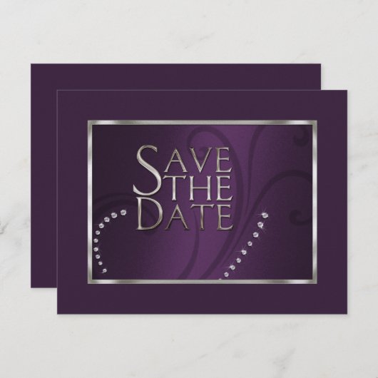 Sparen de Datum Crystals Shimmer Eggplant Monotone Save The Date (Voorkant / Achterkant)