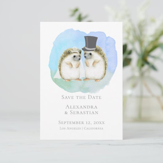 Sparen de Datum Cute Hedgel Couple Wedding Save The Date (Staand voorkant)