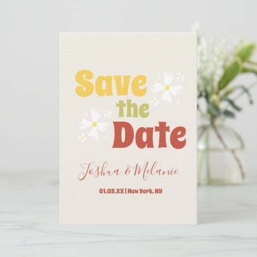Sparen de Datum Daisy Groovy Floral Uitnodiging (Staand voorkant)