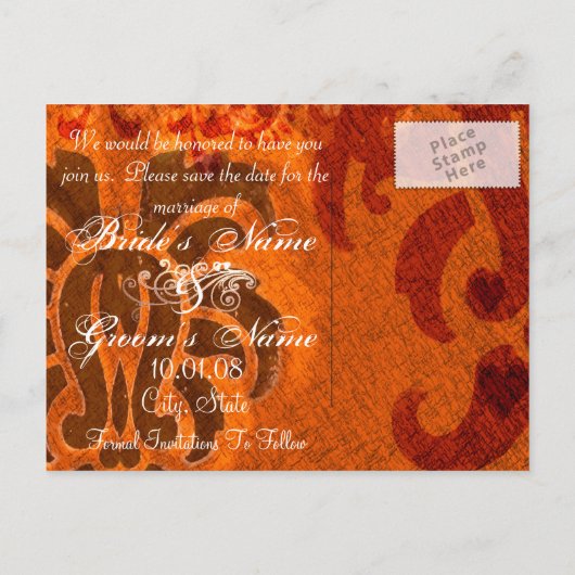 Sparen de Datum - Damask - Oranje en Bruin Aankondigingskaart (Achterkant)