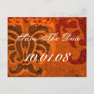 Sparen de Datum - Damask - Oranje en Bruin Aankondigingskaart