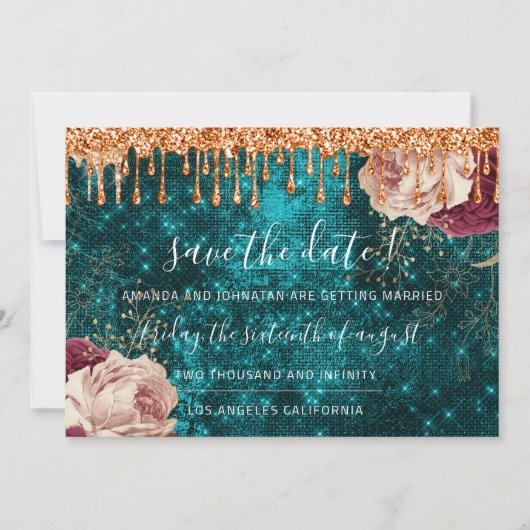Sparen de Datum de Florals Roos Blauwgroen Grote D Save The Date (Voorkant)