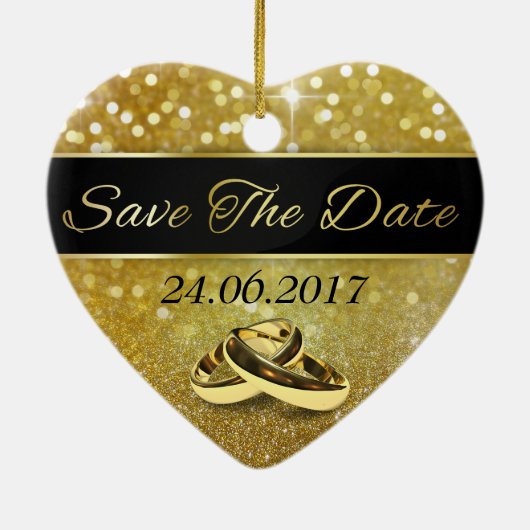 Sparen de Datum de Gouden Rings van de Weddenschap Keramisch Ornament (Achterkant)