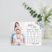 Sparen de Datum de Kalender van de Foto Blauwe blo Briefkaart (Staand voorkant)