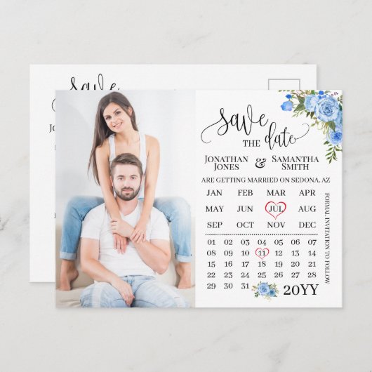 Sparen de Datum de Kalender van de Foto Blauwe blo Briefkaart (Voorkant / Achterkant)