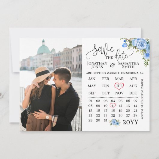 Sparen de Datum de Kalender van de Foto Blauwe blo Kaart (Voorkant)