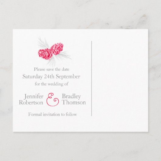 Sparen de datum de rode bruidskaart van de dennenk aankondigingskaart (Achterkant)