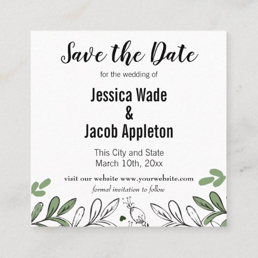 Sparen de Datum de Whimsical Hand tekende Botanisc Vierkante Visitekaartje (Achterkant)