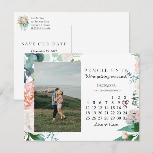 Sparen de Datum December 2022 Blush Floral Gold Ch Briefkaart (Voorkant / Achterkant)