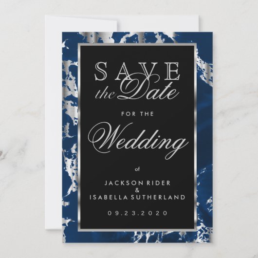 Sparen de Datum Deep Blauw en Zilvermarmer Save The Date (Voorkant)