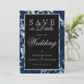 Sparen de Datum Deep Blauw en Zilvermarmer Save The Date (Staand voorkant)