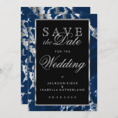 Sparen de Datum Deep Blauw en Zilvermarmer Save The Date (Voorkant / Achterkant)