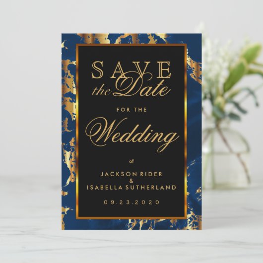 Sparen de Datum Deep Blue en de Gouden Marmer Save The Date (Staand voorkant)