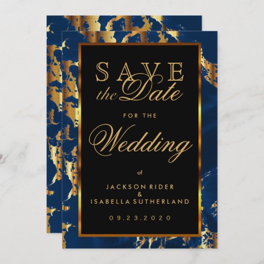 Sparen de Datum Deep Blue en de Gouden Marmer Save The Date (Voorkant / Achterkant)