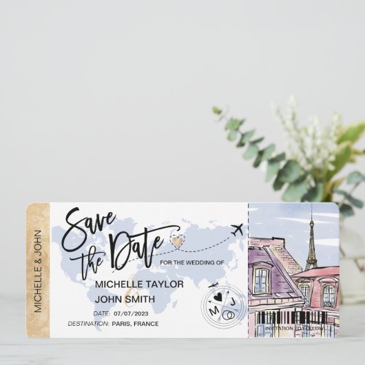 Sparen de Datum die Pass Paris Wedding Invitati ov Kaart (Staand voorkant)