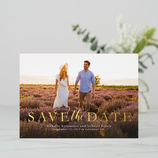 Sparen de datum eenvoudige elegante horizontale éé folie uitnodiging (Staand Voorkant)