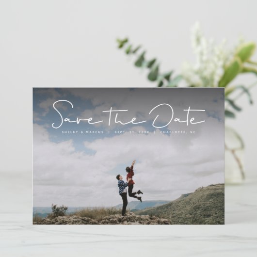 Sparen de datum eenvoudige witte handbrief fotokaa save the date (Staand voorkant)