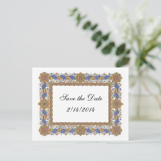 Sparen de Datum Elegant Baroque Blue Gold Douane Aankondigingskaart (Staand voorkant)