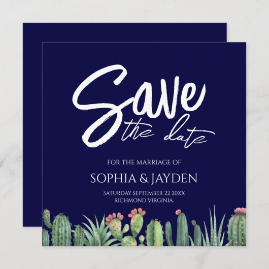 Sparen de Datum Elegant Dark Navy Blue Cactus Save The Date (Voorkant / Achterkant)