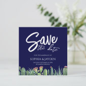 Sparen de Datum Elegant Dark Navy Blue Cactus Save The Date (Staand voorkant)