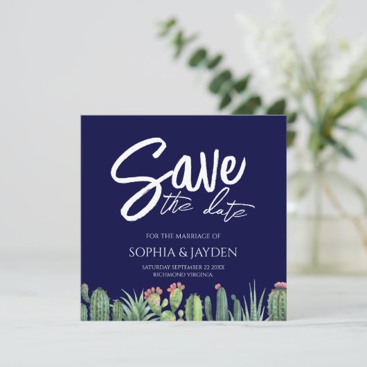 Sparen de Datum Elegant Dark Navy Blue Cactus Save The Date (Staand voorkant)