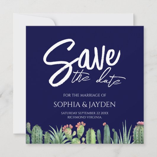 Sparen de Datum Elegant Dark Navy Blue Cactus Save The Date (Voorkant)