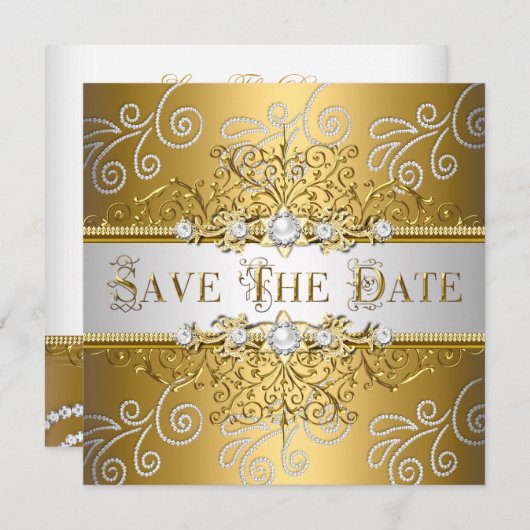Sparen de Datum Elegant Gold Silver Lace Diamond Save The Date (Voorkant / Achterkant)